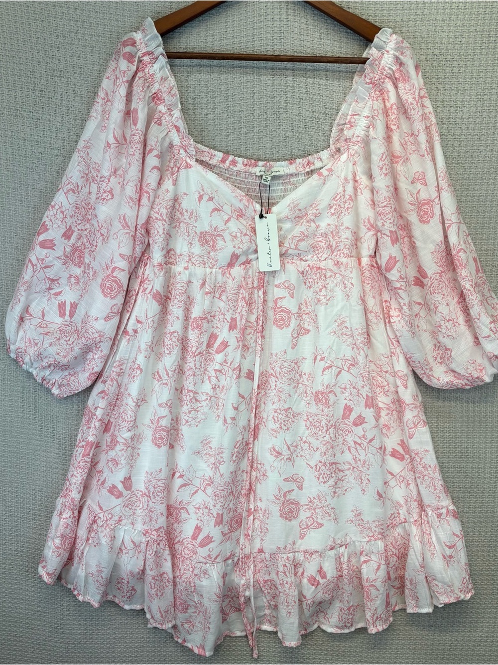 NWT Hunter & Brown Pink Floral Mini Dress XL Boho Peasant Cottagecore Ruffles